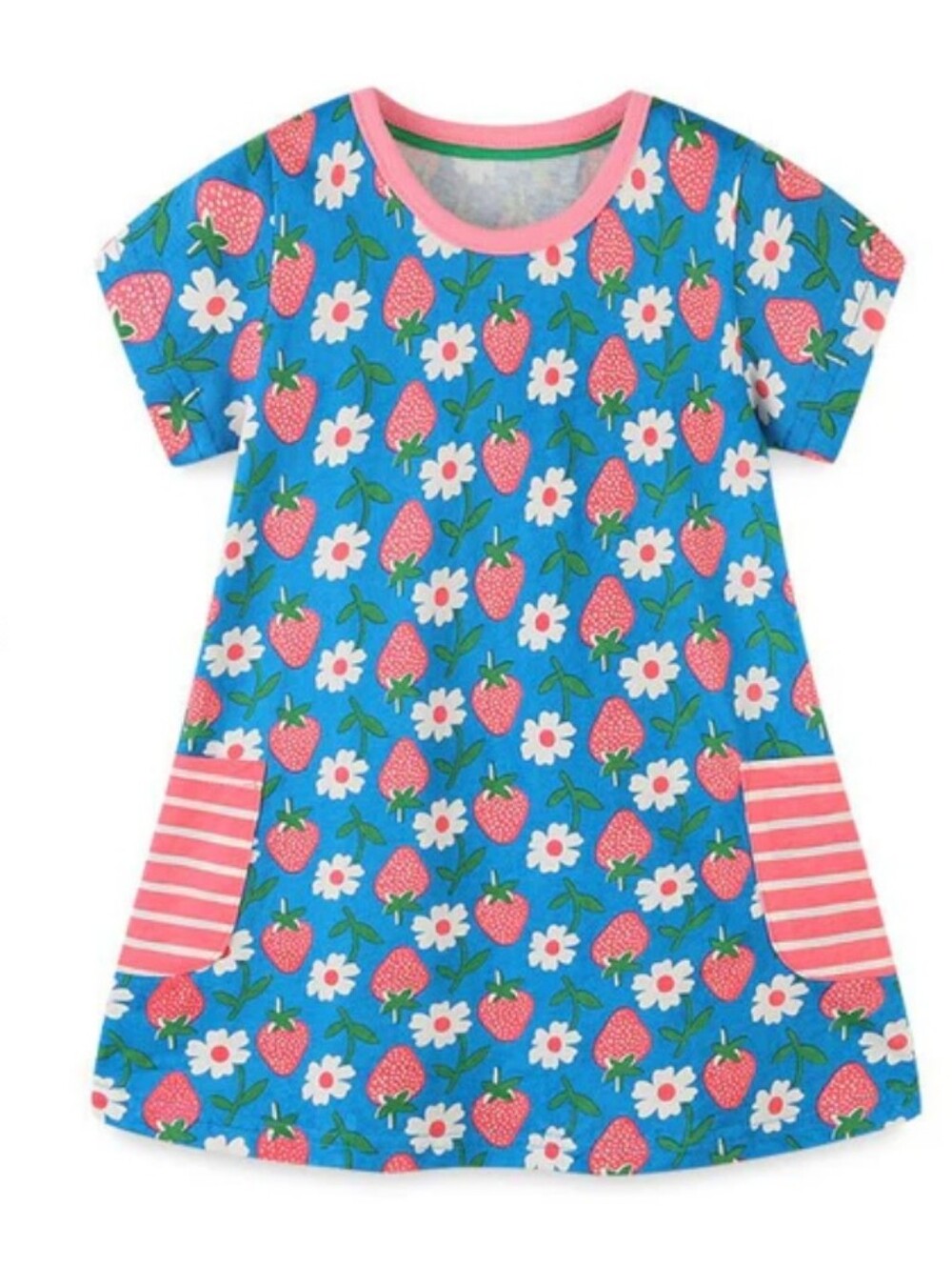 Girls Blue Strawberry Print Casual Dress with Pink Trim